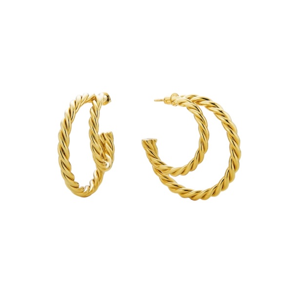 NEW Rendor Victoria Yellow Gold Plated Twisted Double Hoop Earrings - Picture 2 of 4